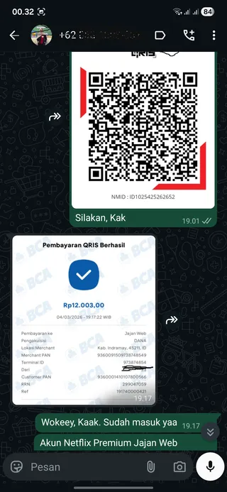 Testimoni Netflix Premium (UHD 4K) — screenshot asli pelanggan Jajan Web
